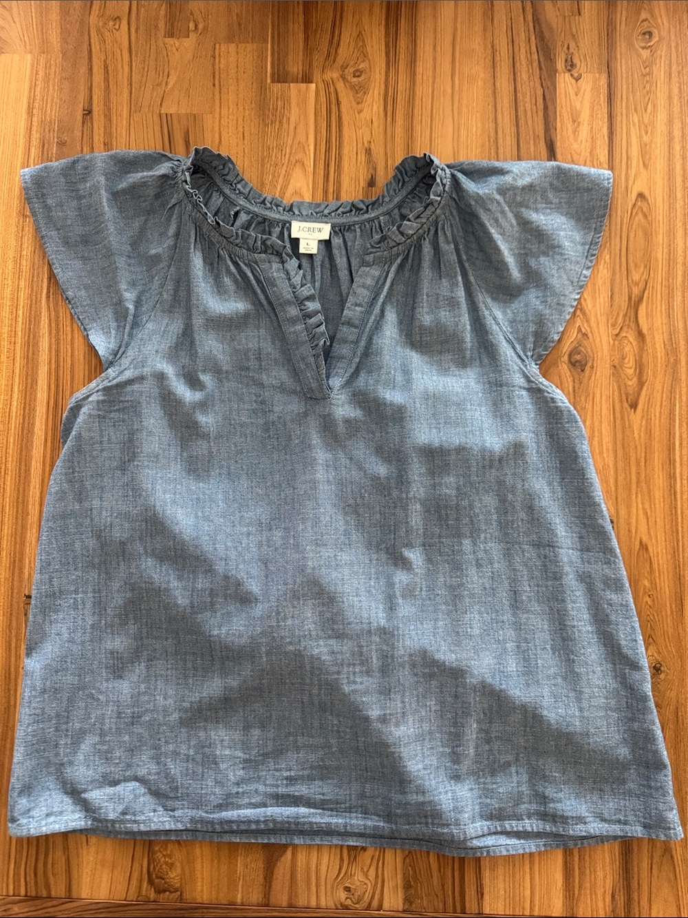 J. Crew Blue Chambray Ruffle Neck Women's Top Large